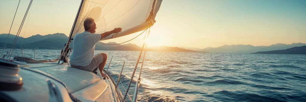 Man sailing boat at sunset