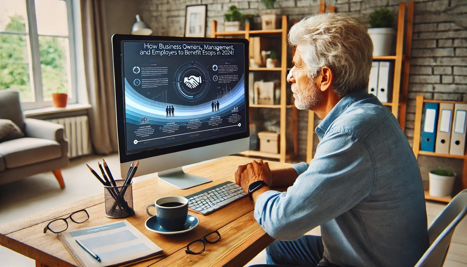 Man viewing esop presentation on computer screen.